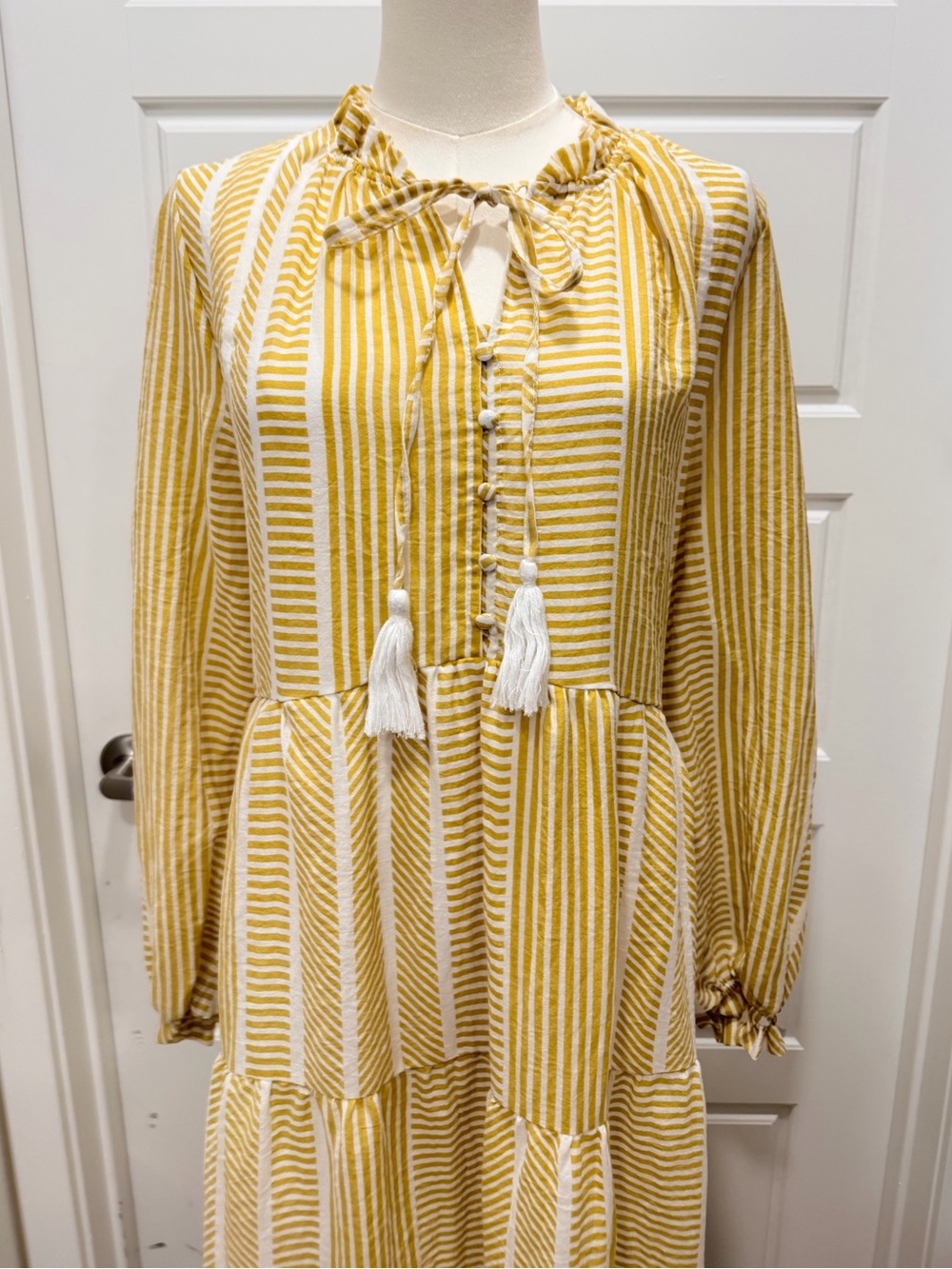 Polagram Yellow and White Striped Tiered Maxi Dress with Tassel Tie - Picture 2 of 8
